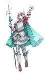  1girl :d alternate_costume arm_up armor blue_eyes cape colored_pencil_(medium) commentary english_commentary fire_emblem fire_emblem:_radiant_dawn full_body highres holding holding_polearm holding_weapon kazuko_(towa) marcia_(fire_emblem) open_mouth pink_hair polearm short_hair smile solo traditional_media upper_body waving weapon white_background 