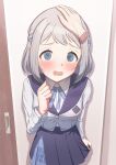  1girl :o @_@ absurdres black_overskirt blue_eyes blue_ribbon blue_skirt blush braid commentary_request disembodied_hand dress_shirt gakuen_idolmaster grey_hair hair_ribbon half_up_braid hand_on_another's_head hatsuboshi_gakuen_school_uniform highres idolmaster indoors jacket katsuragi_lilja kumotsuki35 looking_at_viewer neck_ribbon pleated_skirt pov pov_hands ribbon ribbon_in_braid school_uniform shirt short_hair skirt solo transparent_hand white_jacket white_shirt 