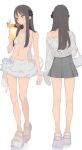 1girl ama_mitsuki banana banana_slice bare_legs bikini bikini_skirt black_eyes black_hair blueberry blush breasts check_commentary cherry cleavage collarbone commentary_request cup drink drinking drinking_glass drinking_straw drinking_straw_in_mouth food fruit grey_skirt hair_ornament highres holding holding_cup holding_drink kneepits long_hair mango navel original pineapple pineapple_slice platform_sandals sandals scrunchie shirt skirt sleeves_past_fingers sleeves_past_wrists solo standing strawberry swimsuit tropical_drink white_bikini white_scrunchie white_shirt white_skirt wrist_scrunchie 
