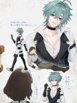  1girl 2boys absurdres ahoge belt belt_collar black_belt black_gloves blue_neckerchief brown_hair buttons choker clenched_hand collar collarbone collared_shirt commentary_request earrings fingerless_gloves from_side full_body genshin_impact gloves green_hair green_pants grin hair_between_eyes hair_intakes hand_up head_tilt highres jewelry katheryne_(genshin_impact) lapels lohen_(genshin_impact) lohen_(standardized_test)_(genshin_impact) looking_at_viewer maid_headdress male_focus mole mole_under_eye multicolored_eyes multiple_boys neckerchief official_alternate_costume open_collar pants pinstripe_pattern pinstripe_vest pocket pyongli shirt shoes short_hair single_earring smile speech_bubble thigh_strap translation_request upper_body vest waistcoat waving white_background white_pants white_shirt 