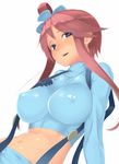  blue_eyes blush breasts covered_nipples fuuro_(pokemon) gloves hair_ornament impossible_clothes impossible_shirt large_breasts long_hair midriff navel pokemon pokemon_(game) pokemon_bw red_hair shirt simple_background solo suspenders sweat toshi_makoto 