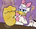 anatid anseriform anthro avian beak bird black_eyes blue_sclera bodily_fluids clothing confusion daisy_duck disney duck feet female foot_fetish foot_on_table footwear fur furniture gesture hand_gesture looking_at_viewer musk musky_feet pointing pointing_at_self purple_eyelids question_mark raised_foot shrinkybee simple_background smelly smelly_feet smelly_shoes socks solo sweat sweaty_clothing sweaty_feet sweaty_footwear sweaty_socks table white_body white_fur yellow_beak yellow_sock