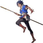  1boy blue_hair blue_hoodie cai_(fire_emblem) dark-skinned_male dark_skin fire_emblem fire_emblem:_fortune's_weave full_body holding holding_polearm holding_weapon hood hood_down hoodie looking_at_viewer official_art polearm simple_background solo two-tone_hoodie weapon white_background white_hoodie yellow_eyes 