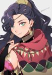  1girl absurdres blue_eyes blue_hair breasts circlet cloak commentary crescent crescent_earrings dark-skinned_female dark_skin earrings fire_emblem fire_emblem:_fortune's_weave gold_choker gold_earrings green_eyes high_ponytail highres hood hooded_cloak jewelry leda_(fire_emblem) looking_at_viewer medium_breasts ponytail red_cloak shamu_(peach11_01) solo 