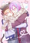  2boys :d ;d absurdres animal_hat blonde_hair blue_streaks blush border bow brown_coat brown_hat cat_hat coat commentary_request double-parted_bangs grid_background hair_between_eyes hat highres hug jacket kamishiro_rui long_sleeves male_focus multicolored_hair multiple_boys official_alternate_costume one_eye_closed open_mouth outside_border pink_border plaid_clothes plaid_scarf project_sekai purple_hair scarf scarf_bow shared_clothes shared_scarf short_hair smile special_present_for_you!_(project_sekai) streaked_hair suzaku_108 tenma_tsukasa translation_request twitter_username white_background white_jacket yellow_eyes yellow_scarf you_are_my_hero!!_(project_sekai) 