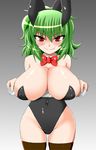  animal_ears blush bow bowtie breast_rest breasts breasts_on_tray bunny_ears bunnysuit carried_breast_rest green_hair huge_breasts kazami_yuuka red_eyes sawa_(snack_yoshie) short_hair smile solo thighhighs touhou tray 