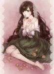  bad_id bad_pixiv_id brown_hair dress dress_pull flat_chest flower hairband heterochromia long_hair nipples pink_flower pink_rose rose rozen_maiden solo suiseiseki thighhighs very_long_hair yukishiro_(hitsuji) 