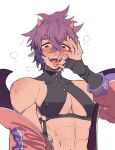  abs aroused black_gloves black_tank_top blush brown_eyes cleavage_cutout clothing_cutout commentary constricted_pupils covered_nipples crop_top crossed_bangs demon_boy demon_horns demon_wings fangs fellatio_gesture fingerless_gloves gloves hair_between_eyes hand_up heart heart-shaped_pupils heavy_breathing high_collar highres horns jacket long_sleeves looking_at_viewer male_focus morvay_(nu_carnival) muscular muscular_male naughty_face nose_blush nu_carnival nu_jyo o-ring o-ring_top off-shoulder_jacket off_shoulder open_mouth pectorals pink_jacket pointy_ears puff_of_air purple_hair revealing_clothes sexually_suggestive short_hair simple_background smile spiked_hair sweat symbol-shaped_pupils tan tank_top tongue tongue_out upper_body white_background wings 