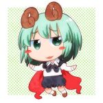  1girl :3 :d antennae black_cape black_shorts blush_stickers border brown_shoes cape chibi chibi_only collared_shirt commentary_request full_body green_background green_eyes green_hair jitome juliet_sleeves long_sleeves looking_at_viewer matty_(zuwzi) open_mouth outline outside_border polka_dot polka_dot_background puffy_sleeves red_cape shirt shoes short_hair shorts smile socks solo standing touhou two-sided_cape two-sided_fabric white_border white_outline white_shirt white_socks wriggle_nightbug 