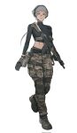  1girl akm assault_rifle boots breasts brown_eyes cargo_pants combat_boots commentary crop_top english_commentary gloves grey_hair gun handgun highres holding holding_gun holding_magazine_(weapon) holding_weapon kalashnikov_rifle knee_pads large_breasts light_smile long_sleeves looking_at_viewer magazine_(weapon) maxturbo69 military navel_peek original panties pants panty_peek rifle scar short_hair simple_background teeth tomboy toned toned_female turtleneck underwear weapon white_background wide_hips 