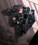  1girl absurdres assault_rifle blue_eyes cqcnorthfish exoskeleton gun headphones highres mecha mecha_musume military military_uniform optical_sight orange_hair original radio_antenna rifle robot shield weapon 