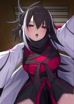  1girl black_hair black_scarf black_shorts blush breasts brown_eyes commentary_request cropped_shirt fate/grand_order fate_(series) high-waist_shorts highres kawakami_gensai_(fate) kawakami_gensai_(first_ascension)_(fate) large_breasts long_hair long_sleeves looking_at_viewer multicolored_hair natu_zame open_mouth ponytail red_shirt scarf shirt shorts sidelocks solo streaked_hair thighs tongue tongue_out white_hair white_sleeves wide_sleeves 