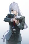  1girl absurdres aiming ak-15_(erwin)_(girls'_frontline) ak-15_(girls'_frontline) artist_name beretta_92 black_pants black_suit closed_mouth collared_shirt commentary cowboy_shot girls'_frontline girls'_frontline_2:_exilium glint grey_hair gun hair_over_one_eye handgun highres holding holding_gun holding_weapon id_card long_hair long_sleeves necktie official_alternate_costume orini pants red_necktie shirt solo suit voymastina_(girls'_frontline_2) weapon white_shirt 
