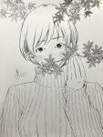  1girl blush branch commentary_request covered_mouth covering_own_mouth greyscale hand_up highres holding holding_branch long_sleeves looking_at_viewer monochrome original parted_bangs pen_(medium) photo_(medium) ribbed_sweater short_hair solo sweater traditional_media turtleneck turtleneck_sweater upper_body very_short_hair yoshimizm 