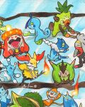  arms_behind_head braixen brionne closed_eyes closed_mouth commentary crocalor cropped dewott drizzile english_commentary eyelashes frogadier grotle half-closed_eyes highres holding holding_stick lying mofinngram monferno nostrils on_back open_mouth painting_(medium) pokemon pokemon_(creature) pokemon_focus prinplup quilladin raboot sharp_teeth signature sitting stick teeth thwackey traditional_media watercolor_(medium) yellow_eyes 