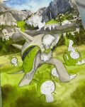 blue_sky carrying chesnaught chespin claws closed_eyes commentary day english_commentary evolutionary_line grass highres log mofinngram no_humans on_head open_mouth outdoors painting_(medium) partially_colored photo_(medium) pokemon pokemon_(creature) pokemon_focus pokemon_on_head quilladin sky smile spikes traditional_media tree unfinished watercolor_(medium) 