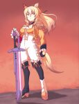  1girl animal_ears asymmetrical_footwear asymmetrical_gloves black_boots black_gloves blonde_hair blue_eyes bodysuit bodysuit_under_clothes boots breasts closed_mouth commentary_request cropped_jacket durandal_(chevalier_fidele)_(umamusume) durandal_(umamusume) epaulettes fold-over_boots frilled_boots frilled_sleeves frills full_body gloves glowing gundam gundam_seed hand_on_hilt highres horse_ears horse_girl horse_tail jacket long_sleeves medium_breasts mismatched_footwear mismatched_gloves multicolored_hair orange_jacket solo standing sword tail two-tone_hair umamusume weapon white_bodysuit white_boots white_gloves white_hair windg0 