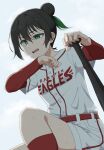  1girl backlighting baseball_bat black_hair breasts breath commentary_request english_text green_eyes green_hair highres layered_sleeves long_sleeves love_live! love_live!_nijigasaki_high_school_idol_club momo_mochi_(favk5328) multicolored_hair red_socks shirt short_hair shorts simple_background small_breasts socks solo sweat takasaki_yu touhoku_rakuten_golden_eagles two-tone_hair white_background white_shirt white_shorts 