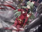  1girl 2000s_(style) angry battle belt blood blue_eyes breasts cleavage cleavage_cutout clothing_cutout dagger dress dutch_angle elbow_gloves elixir_rose game_asset gema_(mahou_senshi) gloves green_eyes green_hair headdress holding holding_weapon jewelry kagashima_itsuki knife large_breasts long_hair magical_girl mahou_senshi_(series) mahou_senshi_elixir_knights medium_breasts monster night non-web_source official_art open_mouth outdoors pointy_ears saitou_natsuki self-datamine solo sword tongue v-shaped_eyebrows variant_set visual_novel_cg weapon whip whip_sword 
