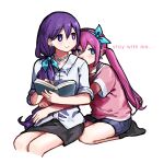  2girls alternate_breast_size_(smaller) alternate_eye_color alternate_hair_color alternate_hairstyle ankle_socks aubrey_(faraway)_(omori) aubrey_(omori) bare_arms bare_legs black_skirt black_socks blue_bow blue_eyes blue_hairband blue_shorts blush book bow bow_hairband bra_strap breasts bright_pupils charlotte167284 closed_mouth collarbone collared_shirt commentary covered_mouth cropped_legs double-parted_bangs earrings english_commentary english_text flat_chest flower_earrings full_body hair_behind_ear hair_between_eyes hair_bow hair_over_shoulder hairband highres holding holding_book holding_pen hug hug_from_behind invisible_chair jewelry long_hair looking_to_the_side low_ponytail mari_(faraway)_(omori) mari_(omori) medium_breasts miniskirt multiple_girls necklace no_shoes omori open_book pearl_necklace pen pencil_skirt pink_hair pink_shirt pocket ponytail purple_eyes purple_hair raised_eyebrows seiza shirt short_shorts short_sleeves shorts sidelocks sideways_glance sitting skirt smile socks sparkle tareme turning_head twintails very_long_hair white_background white_pupils white_shirt white_trim writing 