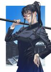  1girl black_hair black_jacket blue_sky border closed_mouth commentary_request hand_on_own_hip high_collar high_ponytail highres holding holding_polearm holding_weapon jacket jujutsu_kaisen jujutsu_tech_uniform long_hair looking_at_viewer over_shoulder polearm ponytail red-framed_eyewear sky solo standing tile_roof upper_body w55674570w weapon weapon_over_shoulder white_border wispy_bangs yellow_eyes zen'in_maki 