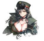  1girl aiguillette ben-day_dots bikini black_hair blueblossom breasts brown_eyes choker cleavage coat commentary cropped_torso front-tie_bikini_top front-tie_top general_liu_(girls'_frontline) girls'_frontline girls'_frontline_2:_exilium green_coat green_jacket grin hat jacket large_breasts liushih_(girls'_frontline_2) long_hair military_uniform mole mole_under_eye peaked_cap screentones smile star_(symbol) star_choker swept_bangs swimsuit upper_body wavy_hair white_background 