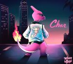  alt_text blue_jacket building character_name charmeleon clothed_pokemon commentary drive_(movie) fire flame-tipped_tail highres jacket looking_back outdoors parody pokemon signature skorupi skyscraper solo standing sunglasses tail tricksywizard 
