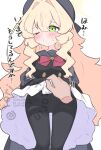  1girl 1other beret black_pantyhose black_serafuku black_shirt black_skirt blonde_hair blue_archive blush bow closed_mouth clothes_lift commentary_request disembodied_hand feet_out_of_frame grey_hat grey_jacket grey_sailor_collar hair_between_eyes hair_intakes halo hat highres jacket kujou_karasuma lifting_another's_clothes long_hair off_shoulder one_eye_closed open_clothes open_jacket panties panties_under_pantyhose pantyhose professor_niyaniya_(blue_archive) red_bow sailor_collar school_uniform serafuku shirt simple_background skirt skirt_lift small_sweatdrop standing sweat thighband_pantyhose translation_request underwear very_long_hair watermark white_background white_panties 