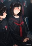  1boy 1girl absurdres artist_name black_eyes black_hair black_sailor_collar blurry blurry_background blush bob_cut boutonniere chair commentary_request crowded depth_of_field entrance_ceremony eye_contact futamotu hands_on_own_thighs highres lapel_pin looking_at_another medium_hair neckerchief nose_blush on_chair original paid_reward_available protected_link red_neckerchief sailor sailor_collar sailor_shirt satonaka_megumi_(futamotu) school_uniform shirt shy sitting sleeves_past_wrists twitter_username 