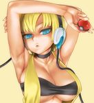  :o armpits arms_up asanagi bandeau blonde_hair blue_eyes breasts choker cleavage error face hands highres holding holding_poke_ball kamitsure_(pokemon) large_breasts lips md5_mismatch nail_polish pink_nails poke_ball pokemon pokemon_(game) pokemon_bw shirt sideboob solo taut_clothes taut_shirt underboob 