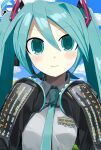  1girl absurdres aqua_eyes aqua_hair bliss_(image) blush cloud cloudy_sky commentary grey_shirt hair_between_eyes hatsune_miku headset highres internet_explorer l3ttr3 long_hair looking_at_viewer shirt sky solo twintails vocaloid 