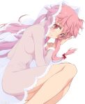  1girl blush bow breasts bridal_veil commentary_request feet_out_of_frame fetal_position gasai_yuno hair_bow hair_spread_out lace legs legs_folded light_smile long_hair looking_at_viewer lying mirai_nikki naked_veil nude on_side pink_eyes pink_hair saipaco see-through_clothes sideboob simple_background small_breasts solo veil white_background 