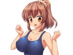  1girl aomi_riru blue_one-piece_swimsuit blush breasts brown_eyes brown_hair cleavage clenched_hands collarbone covered_nipples game_asset hair_between_eyes hair_ornament hair_scrunchie hands_up large_breasts large_variant_set non-web_source official_art one-piece_swimsuit ponytail school_swimsuit scrunchie self-datamine sidelocks simple_background solo standing surprised swimsuit tachi-e tan toriumi_hinata transparent_background upper_body v-shaped_eyebrows variant_set wide-eyed yumemi_ga_cheek! 