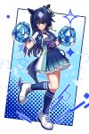  1girl absurdres animal_ears belt blue_eyes blue_hair blue_jacket blue_necktie blue_skirt blue_socks blush breasts cheerleader collared_shirt ear_covers genkai_made_pom_pon!! hair_between_eyes highres holding holding_pom_poms horse_ears horse_girl horse_tail jacket long_hair looking_at_viewer medium_breasts mole mole_under_eye multicolored_hair necktie open_clothes open_jacket open_mouth pom_pom_(cheerleading) purple_belt shirt shoes short_sleeves single_ear_cover skirt smile socks solo tail umamusume verxina_(umamusume) white_shirt white_shoes yamada_(c57hikaru) 