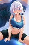  1girl :o ball blue_eyes breasts collarbone commentary_request feet_out_of_frame highres kuro_yanagi large_breasts looking_at_viewer navel original short_hair shorts solo sports_bra white_hair 