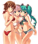  absurdres ass asymmetrical_docking bikini blue_eyes breast_press breasts brown_eyes brown_hair butt_crack cleavage green_eyes green_hair hatsune_miku highres large_breasts long_hair looking_back megurine_luka meiko microphone multiple_girls o-ring o-ring_bottom o-ring_top pink_hair short_hair swimsuit teruteru-deru tongue twintails vocaloid yuri 