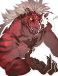  1boy abs animal_ears bara black_sclera claws colored_sclera commentary_request crave_saga fangs furry furry_male grin grugaz_(crave_saga) highres looking_at_viewer male_focus muscular muscular_male pectorals signature sky_(sora_no_gomibako) smile tiger_boy tiger_ears tiger_stripes topless_male white_background yellow_eyes 