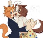  2girls :3 :d @_@ absurdres ahoge animal_ear_piercing animal_ears blue_jacket blush_stickers brown_hair brown_tail collared_shirt commentary dancing droopy_ears ear_ornament earrings english_commentary flower_skirt goobietusk hair_between_eyes hair_intakes highres holding_hands horse_ears horse_girl horse_tail jacket jewelry leaning_forward looking_at_viewer meisho_doto_(casual)_(umamusume) meisho_doto_(umamusume) multicolored_hair multiple_earrings multiple_girls orange_hair orange_tail pink_eyes purple_eyes raised_inner_eyebrows shirt simple_background single_hair_streak skirt smile streaked_hair sweater t.m._opera_o_(casual)_(umamusume) t.m._opera_o_(umamusume) tail tail_raised tongue turtleneck turtleneck_sweater umamusume waltz_(dance) white_background white_shirt white_streaks white_sweater 