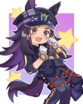  1girl animal_ears black_hair black_jacket black_pants blush commentary_request cuffs ears_through_headwear fang fenomeno_(black_flames_of_the_righteous_spirit)_(umamusume) fenomeno_(umamusume) flipped_hair gloves handcuffs hat highres horse_ears horse_girl horse_tail horseshoe_hat_ornament horseshoe_ornament jacket long_hair long_sleeves multicolored_hair nanobooooooost open_mouth pants peaked_cap purple_eyes purple_hair shirt star_(symbol) tail teeth umamusume upper_teeth_only white_gloves 