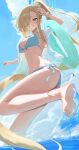  1girl absurdres ass asuna_(blue_archive) bikini blonde_hair blue_archive blue_bikini blue_eyes blue_halo blue_sky blush breasts cloud commentary hair_ornament hair_over_one_eye hair_scrunchie halo highres large_breasts long_hair looking_at_viewer outdoors ponytail poppo_myupunk98 scrunchie see-through_clothes see-through_shirt shirt sky smile solo stomach swimsuit very_long_hair water white_shirt 