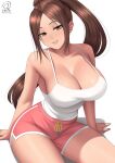  1girl absurdres bare_shoulders blush breasts brown_eyes brown_hair cleavage collarbone commentary_request dolphin_shorts fatal_fury high_ponytail highres large_breasts long_hair looking_at_viewer official_alternate_costume open_mouth pink_shorts ponytail rocky-ace shiranui_mai shorts smile solo street_fighter street_fighter_6 tank_top the_king_of_fighters white_tank_top 