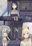  2girls absurdres black_hair blue_dress brown_shorts cho_kaguya-hime! clenched_teeth commentary_request dress green_eyes highres holding holding_umbrella jingulbi kaguya_(cho_kaguya-hime!) long_hair medium_hair mole mole_under_eye multiple_girls open_mouth ponytail rain red_eyes sakayori_iroha short_sleeves shorts teeth transparent transparent_umbrella umbrella very_long_hair 