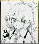 1girl :d ahoge anzu_ame blue_archive blush collared_shirt commentary_request dress_shirt fang fingerless_gloves gloves hair_between_eyes hair_intakes halo hand_up heart highres hoshino_(blue_archive) long_hair looking_at_viewer monochrome necktie open_mouth photo_(medium) school_uniform shikishi shirt sidelocks signature simple_background smile solo traditional_media upper_body v white_background 