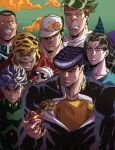  2girls 6+boys angry artist_name baby black_hair bonescrimson child closed_eyes closed_mouth cloud commentary dollar_sign earrings glasses green_sky harvest_(stand) hat heart higashikata_josuke highres hirose_koichi invincible_(series) jacket jewelry jojo_no_kimyou_na_bouken joseph_joestar joseph_joestar_(old) kishibe_rohan kujo_jotaro looking_at_viewer meme multiple_boys multiple_girls muscular nijimura_okuyasu one_eye_covered open_mouth school_uniform scowl shizuka_joestar sky sunglasses teeth tree viltrumite_group_shot_(meme) yamagishi_yukako yen_sign 