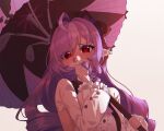  1girl 4ureliaminerva ahoge ascot blush center_frills commentary drill_hair frills grey_background hairband heart heart-shaped_pupils highres holding holding_umbrella long_hair looking_at_viewer pointy_ears purple_ascot purple_hair purple_hairband purple_umbrella red_eyes shrug_(clothing) simple_background solo symbol-shaped_pupils umbrella upper_body vivian_banshee white_shrug zenless_zone_zero 