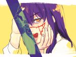  bleeding blood chainsaw_man collared_shirt commentary_request distortion drgryu750 eyelashes hands_under_chin hands_up highres long_hair long_sleeves looking_at_viewer ringed_eyes scar scar_on_cheek scar_on_face scar_on_nose shirt sidelocks smile tongue tongue_out yellow_background yoru_(chainsaw_man) 