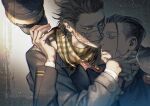  2boys black_eyes black_hair blue_jacket commentary_request facial_hair golden_kamuy grey_background hair_slicked_back hat highres holding holding_unworn_clothes holding_unworn_hat jacket kepi long_sleeves looking_at_viewer male_focus military_hat military_uniform multiple_boys ogata_hyakunosuke peaked_cap scar scar_on_cheek scar_on_face scarf short_hair simple_background smile star_(symbol) sugimoto_saichi teeth twitter_username unworn_hat unworn_headwear upper_body w55674570w yaoi yellow_eyes yellow_scarf 