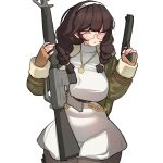  1girl assault_rifle aya_(black_survival) beretta_92 black-framed_eyewear black_pantyhose black_survival blush braid breasts brown_eyes brown_gloves brown_hair commentary cowboy dress eternal_return:_black_survival fingerless_gloves glasses gloves green_jacket gun hairband handgun highres holding holding_gun holding_weapon jacket jewelry kim_aendeo korean_commentary large_breasts long_hair long_sleeves looking_at_viewer m16 m16a1 necklace open_clothes open_jacket open_mouth pantyhose rifle simple_background solo sweatdrop turtleneck turtleneck_dress twin_braids weapon white_background white_dress white_hairband 