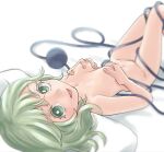  1girl breasts commentary_request completely_nude disembodied_linked_eye green_eyes green_hair groping hands_on_own_chest highres karua_m komeiji_koishi legs_up looking_at_viewer lying navel nipples nude on_back open_mouth pillow short_hair simple_background smile solo touhou white_background 