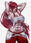  1girl abs armpits arms_up bandaged_chest blush breasts cleavage erza_scarlet fairy_tail hair_over_one_eye highres large_breasts long_hair looking_at_viewer muscular muscular_female navel presenting_own_armpit red_eyes red_hair revision smile solo tattoo zinfian 